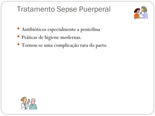 Tratamento Sepse Puerperal Antibióticos especialmente a penicilina  Práticas de higiene modernas. Tornou-se uma complicação rara do parto 