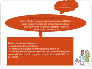 Infecções Hospitalares ( 5 a 17% dos pacientes hospitalizados e (UTIs)as taxas de prevalência são ainda mais elevadas  ( procedimentos invasivos cateteres tubos de alimentação intravenosa) custos e mortalidade Países em desenvolvimento  inexistência de laboratórios  a prática de terapêutica antimicrobiana empírica  maior freqüência dessas infecções bem como de fenótipos de resistência dos microrganismos associados (JUNIOR, et al., 2003). 