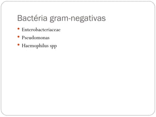 Bactéria gram-negativas  Enterobacteriaceae  Pseudomonas Haemophilus spp  