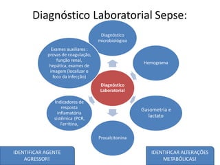 Diagnóstico Laboratorial Sepse:
Diagnóstico
microbiológico
Exames auxiliares :
provas de coagulação,
função renal,
hepática, exames de
imagem (localizar o
foco da infecção)
Hemograma
Diagnóstico
Laboratorial
Indicadores de
resposta
inflamatória
sistêmica (PCR,
Ferritina,
Gasometria e
lactato
Procalcitonina
IDENTIFICAR AGENTE
AGRESSOR!
IDENTIFICAR ALTERAÇÕES
METABÓLICAS!
 
