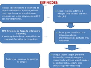 DEFINIÇÕES:
Infecção : definida como o fenômeno de
resposta inflamatória à presença de um
microorganismo e seus produtos ou a
invasão de um tecido previamente estéril
por microorganismos.
 Sepse : resposta sistêmica à
infecção (SRIS causada por uma
infecção).
SIRS (Síndrome da Resposta Inflamatória
Sistêmica)
é a consequência de um desequilíbrio na
resposta inflamatória do hospedeiro.
 Sepse grave : associada com
disfunção orgânica,
anormalidades de perfusão e/ou
hipotensão.
 Choque séptico : sepse grave com
hipotensão, apesar da adequada
ressuscitação volêmica (manifestações
de acidose láctica, oligúria e/ou
alteração aguda do sensório)
Bacteremia : presença de bactérias
no sangue
 