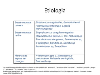Etiologia
The epidemiology of severe sepsis in children in the United States. Watson RS, Carcillo JA, Linde-Zwirble WT, Clermont G, Lidicker J, Angus
DC. Am J Respir Crit Care Med. 2003;167(5):695.
Researching severe Sepsis and Organ dysfunction in children: a global perspective (RESOLVE) study group. Nadel S, Goldstein B, et al.
Lancet. 2007;369(9564):836.
Sepse neonatal
precoce
Streptococcus agalactiae, Escherichia coli
Haemophilus influenzae, Listeria
monocytogenes
Sepse neonatal
tardia
Staphylococcus coagulase-negativa
Staphylococcus aureus, E coli, Klebsiella sp
Pseudomonas aeruginosa, Enterobacter sp,
S agalactiae, Candida sp, Serratia sp
Acinetobacter sp, Anaeróbios
Maioria das
sepses em
crianças
H influenzae type b, Streptococcus
pneumoniae, Neisseria meningitidis,
Salmonella sp
 