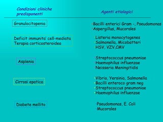 Condizioni cliniche  predisponenti Agenti etiologici Granulocitopenia Bacilli enterici Gram -, Pseudomonas Aspergillus, Mucorales Deficit immunita’ cell-mediata Terapia corticosteroidea Listeria monocytogenes Salmonella, Micobatteri HSV, VZV,CMV Asplenia Streptococcus pneumoniae Haemophilus influenzae Neisseria Meningitidis Cirrosi epatica Vibrio, Yersinia, Salmonella  Bacilli enteroco gram neg Streptococcus pneumoniae Haemophilus influenzae Diabete mellito Pseudomonas, E. Coli Mucorales 