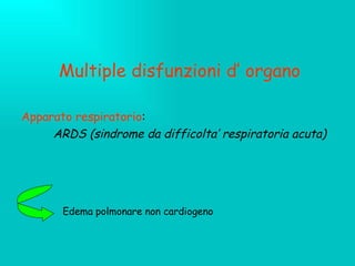 Multiple disfunzioni d’ organo Apparato respiratorio :  ARDS (sindrome da difficolta’ respiratoria acuta) Edema polmonare non cardiogeno 
