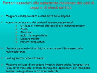Fattori associati alla aumentata incidenza dei casi di sepsi e di shock settico Maggiore consapevolezza e sensibilità nella diagnosi Aumento del numero dei pazienti immunocompromessi Utilizzo di farmaci citotossici e/o immunosopressivi AIDS Alcolismo Malattie neoplastiche Diabete mellito Pazienti trapiantati Uso indescriminato di antibiotici che creano il fenomeno della multiresistenza Prolungamento della vita media  Maggiore utilizzo di procedure invasive diagnostiche/terapeutiche (CVC,catet vescicale, protesi chirurgiche, apparecchi per inalazione, sondino naso-gastrico, nutrizione enterale) 