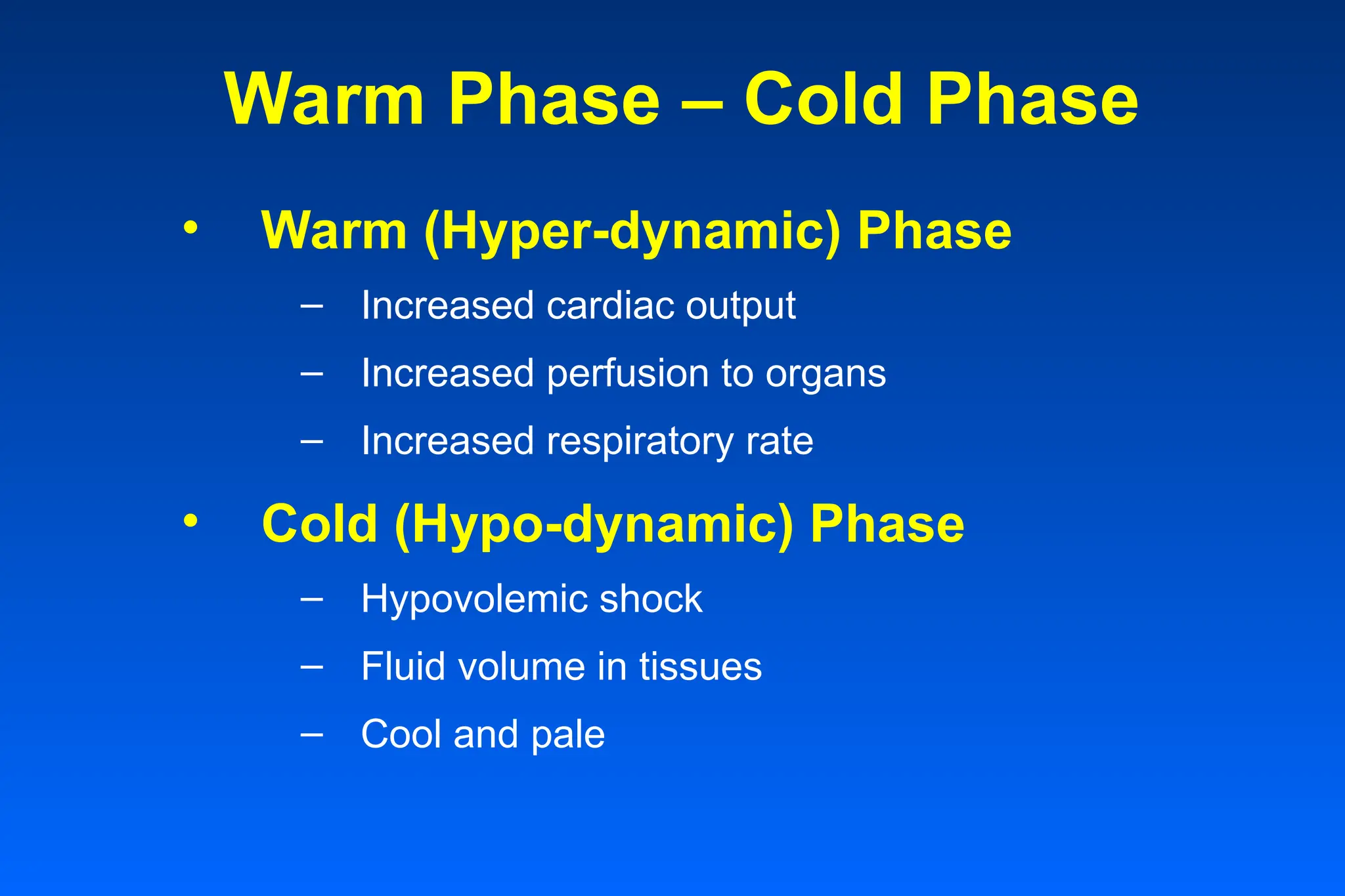 Warm Phase – Cold Phase
• Warm (Hyper-dynamic) Phase
– Increased cardiac output
– Increased perfusion to organs
– Increased respiratory rate
• Cold (Hypo-dynamic) Phase
– Hypovolemic shock
– Fluid volume in tissues
– Cool and pale
 