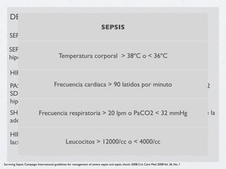 DEFINICIONES
                                      SEPSIS
    SEPSIS: Infección más manifestaciones sistémicas de infección

    SEPSIS SEVERA: Sepsis más disfunción orgánica inducida por sepsis o
                       Temperatura corporal > 38ºC o < 36ºC
    hipoperfusión tisular

    HIPOTENSIÓN INDUCIDA POR SEPSIS:
    PAS <90 mmHg Frecuencia cardiacao Caida de la por minuto
                    o PAM < 70mmHg > 90 latidos SBP > 40mmHg o < de 2
    SD debajo de lo normal para la edad en ausencia de otras causas de
    hipotensión.
    SHOCK SÉPTICO: Hipotensión inducida por sepsis persistente a pesar de la
              Frecuencia respiratoria > 20 lpm o PaCO2 < 32 mmHg
    adecuada resucitación con ﬂuidos.

    HIPOPERFUSIÓN TISULAR INDUCIDA POR SEPSIS: Shock séptico más
                          Leucocitos > 12000/cc o < 4000/cc
    lactato elevado u oliguria


Surviving Sepsis Campaign: International guidelines for management of severe sepsis and septic shock: 2008.Crit Care Med 2008 Vol. 36, No. 1
 