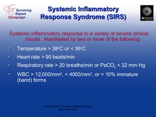 Systemic Inflammatory Response Syndrome (SIRS) Systemic inflammatory response to a variety of severe clinical insults.  Manifested by two or more of the following: Temperature > 38 o C or < 36 o C Heart rate > 90 beats/min Respiratory rate > 20 breaths/min or PaCO 2  < 32 mm Hg WBC > 12,000/mm 3 , < 4000/mm 3 , or > 10% immature (band) forms ACCP/SCCM Consensus Statement Chest. 1992;1644-1655. 