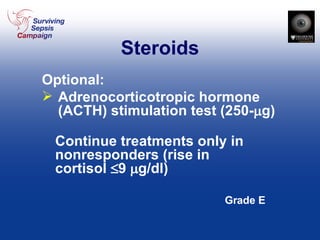 Steroids Optional:  Adrenocorticotropic hormone (ACTH) stimulation test (250-  g) Continue treatments only in nonresponders (rise in cortisol   9   g/dl) Grade E 