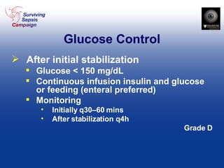 Glucose Control After initial stabilization Glucose < 150 mg/dL Continuous infusion insulin and glucose or feeding (enteral preferred) Monitoring Initially q30–60 mins After stabilization q4h Grade D 