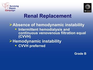 Renal Replacement Absence of hemodynamic instability Intermittent hemodialysis and continuous venovenous filtration equal (CVVH) Hemodynamic instability CVVH preferred Grade B 