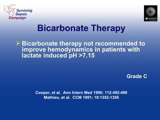 Bicarbonate therapy not recommended to improve hemodynamics in patients with lactate induced pH >7.15  Grade C Cooper, et al.  Ann Intern Med 1990; 112:492-498 Mathieu, et al.  CCM 1991; 19:1352-1356 Bicarbonate Therapy 