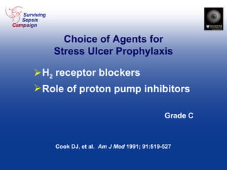 Choice of Agents for Stress Ulcer Prophylaxis H 2  receptor blockers Role of proton pump inhibitors Grade C Cook DJ, et al.  Am J Med  1991; 91:519-527 