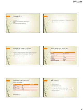 02/03/2013




 DIAGNOSTICO

  Deterioro                                                                       Leucocitos anormales: < 6 000 células/mm o > 30 000 células/mm en las
                                                                                    primeras 24 hrs.
  Hemocultivo: sensibilidad 82%, especificidad 96%
                                                                                   50% Rn puede tener conteos normales
  BH
  Considerar diagnósticos diferenciales.




 MANIFESTACIONES CLINICAS                                                         SEPSIS NEONATAL TEMPRANA

  INESPECIFICAS: inestabilidad térmica, apnea, letargia, crisis convulsivas,     variable                                 INper
   pérdida del estado de conciencia, fontanela abombada, movimientos              Leucocitos                               >30, 000 ó <7, 500
   disminuidos, llanto agudo, inestabilidad, deterioro respiratorio, distensión
   abdominal, hepatoresplenomegalia, diarrea, hiperglicemia.
                                                                                  Proteína C reactiva                      > 10
  Septicemia de inicio temprano: 5 a 7 días de vida
                                                                                  Neutrófilos                              > 1,750
  Septicemia de inicio tardío: > 5 días.
                                                                                  Plaquetas                                < 100 000
                                                                                  RPM (horas)                              > 12
                                                                                  Corioamnioitis                           presente
                                                                                  Relación Banda/ neutrofilo               > 0.20




 SEPSIS NEONATAL TARDIA/                                                          TRATAMIENTO
 NOSOCOMIAL
 ITEM                       ESCALA                      PUNTUACION                 Ampilicina- amikacina
 Temperatura                > 38.2                      5                          Inmunoglobulinas intravenosas
 Proteína C reactiva        > 14                        5                          Factor estimulante de colonias
 Neutrófilos                >50%                        3                          Pacientes con riesgo de sepsis: iniciar tratamiento revalorar 48 hrs. (el 95%
 Nutrición parenteral       > 14 días                   6                           de las infecciones se presenta en las primeras 24 hrs)
 plaquetas                  < 150 000                   5                          Si no hay desarrollo de cultivos, biometría hemática normal y PCR normal
                                                                                    suspender el tratamiento.




Calificación para dx > 8




                                                                                                                                                                    2
 