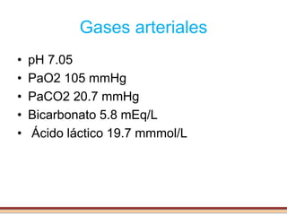 • pH 7.05
• PaO2 105 mmHg
• PaCO2 20.7 mmHg
• Bicarbonato 5.8 mEq/L
• Ácido láctico 19.7 mmmol/L
Gases arteriales
 
