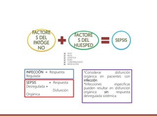  SEXO
 RAZA
 GENÉTICA
 EDAD
 COMORBILIDADES
 MEDICACIÓN
INFECCIÓN = Respuesta
Regulada
SEPSIS = Respuesta
Desregulada +
Disfunción
Orgánica
*Considerar disfunción
orgánica en pacientes con
infección.
*Infecciones especificas
pueden resultar en disfunción
orgánica sin respuesta
desregulada sistémica.
 