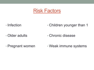 Risk Factors
• Infection
• Older adults
• Pregnant women
• Children younger than 1
• Chronic disease
• Weak immune systems
 