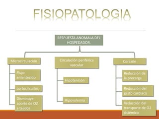 RESPUESTA ANOMALA DEL
HOSPEDADOR.
Microcirculación Circulación periférica
vascular
Corazón
Flujo
enlentecido
cortocircuitos
Disminuye
aporte de O2
a tejidos
Hipotensión
Hipovolemia
Reducción de
la precarga
Reducción del
gasto cardiaco
Reducción del
transporte de O2
sistémico
 
