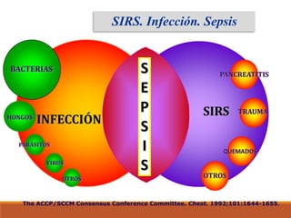 SIRS
INFECCIÓN
The ACCP/SCCM Consensus Conference Committee. Chest. 1992;101:1644-1655.
BACTERIAS
HONGOS
PARÁSITOS
VIRUS
OTROS
S
E
P
S
I
S
PANCREATITIS
TRAUMA
QUEMADOS
OTROS
SIRS. Infección. Sepsis
 