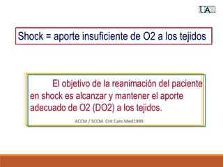 El objetivo de la reanimación del paciente
en shock es alcanzar y mantener el aporte
adecuado de O2 (DO2) a los tejidos.
ACCM / SCCM. Crit Care Med1999
Shock = aporte insuficiente de O2 a los tejidos
 