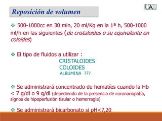 Reposición de volumen
 500-1000cc en 30 min, 20 ml/Kg en la 1ª h, 500-1000
ml/h en las siguientes (de cristaloides o su equivalente en
coloides)
 El tipo de fluidos a utilizar :
CRISTALOIDES
COLOIDES
ALBÚMINA ???
 Se administrará concentrado de hematíes cuando la Hb
< 7 g/dl o 9 g/dl (depediendo de la presencia de coronariopatía,
signos de hipoperfusión tisular o hemorragia)
 Se administrará bicarbonato si pH<7,20
 