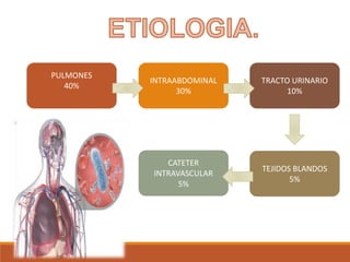 PULMONES
40%
INTRAABDOMINAL
30%
TRACTO URINARIO
10%
TEJIDOS BLANDOS
5%
CATETER
INTRAVASCULAR
5%
 