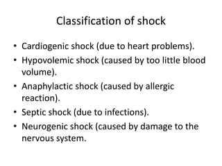 Classification of shock
• Cardiogenic shock (due to heart problems).
• Hypovolemic shock (caused by too little blood
volume).
• Anaphylactic shock (caused by allergic
reaction).
• Septic shock (due to infections).
• Neurogenic shock (caused by damage to the
nervous system.
 