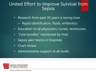 United Effort to Improve Survival from
Sepsis
• Research from past 20 years is saving lives
– Rapid identification, fluids, antibiotics
• Education to all physicians, nurses, technicians
• “Care bundles” monitored by Feds
• Sepsis alert teams in hospitals
• Chart review
• Administrative support at all levels
 