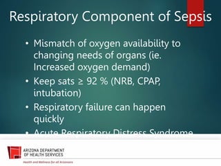 Respiratory Component of Sepsis
• Mismatch of oxygen availability to
changing needs of organs (ie.
Increased oxygen demand)
• Keep sats ≥ 92 % (NRB, CPAP,
intubation)
• Respiratory failure can happen
quickly
• Acute Respiratory Distress Syndrome
 