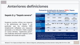 Anteriores definiciones
Surgieron muchas críticas con respecto
a las definiciones de Sepsis 1, en
particular que los criterios SIRS
simplemente reflejaban una respuesta
apropiada a la infección. Había surgido
un nuevo término, "septicemia grave",
que implicaba disfunción orgánica como
resultado del estado de sepsis.
Sepsis 2: y “Sepsis severa”
Michael D. Font. Sepsis and Septic Shock – Basics of diagnosis, pathophysiology and clinical decision making. Med Clin N Am. 2020.
 