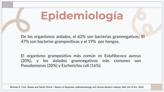 Epidemiología
De los organismos aislados, el 62% son bacterias gramnegativas; El
47% son bacterias grampositivas y el 19% por hongos.
El organismo grampositivo más común es Estafilococo aureus
(20%), y los aislados gramnegativos más comunes son
Pseudomonas (20%) y Escherichia coli (16%).
Michael D. Font. Sepsis and Septic Shock – Basics of diagnosis, pathophysiology and clinical decision making. Med Clin N Am. 2020.
 