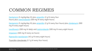 COMMON REGIMES
Gentamicin (5 mg/kg/day IV) plus ampicillin (2 g IV every four
hours) plus metronidazole (500 mg IV every eight hours)
Gentamicin (5 mg/kg/day IV) plus ampicillin (2 g IV every four hours) plus clindamycin (900
mg IV every eight hours)
Levofloxacin (500 mg IV daily) and metronidazole (500 mg IV every eight hours)
Imipenem (500 mg IV every six hours)
Piperacillin-tazobactam (4.5 g IV every eight hours)
Ticarcillin-clavulanate (3.1 g IV every four hours)
ESCHENBACH, DAVID A. (05/2015). "TREATING SPONTANEOUS AND INDUCED SEPTIC ABORTIONS". OBSTETRICS AND GYNECOLOGY (NEW YORK. 1953) (0029-
7844), 125 (5), P. 1042.
 