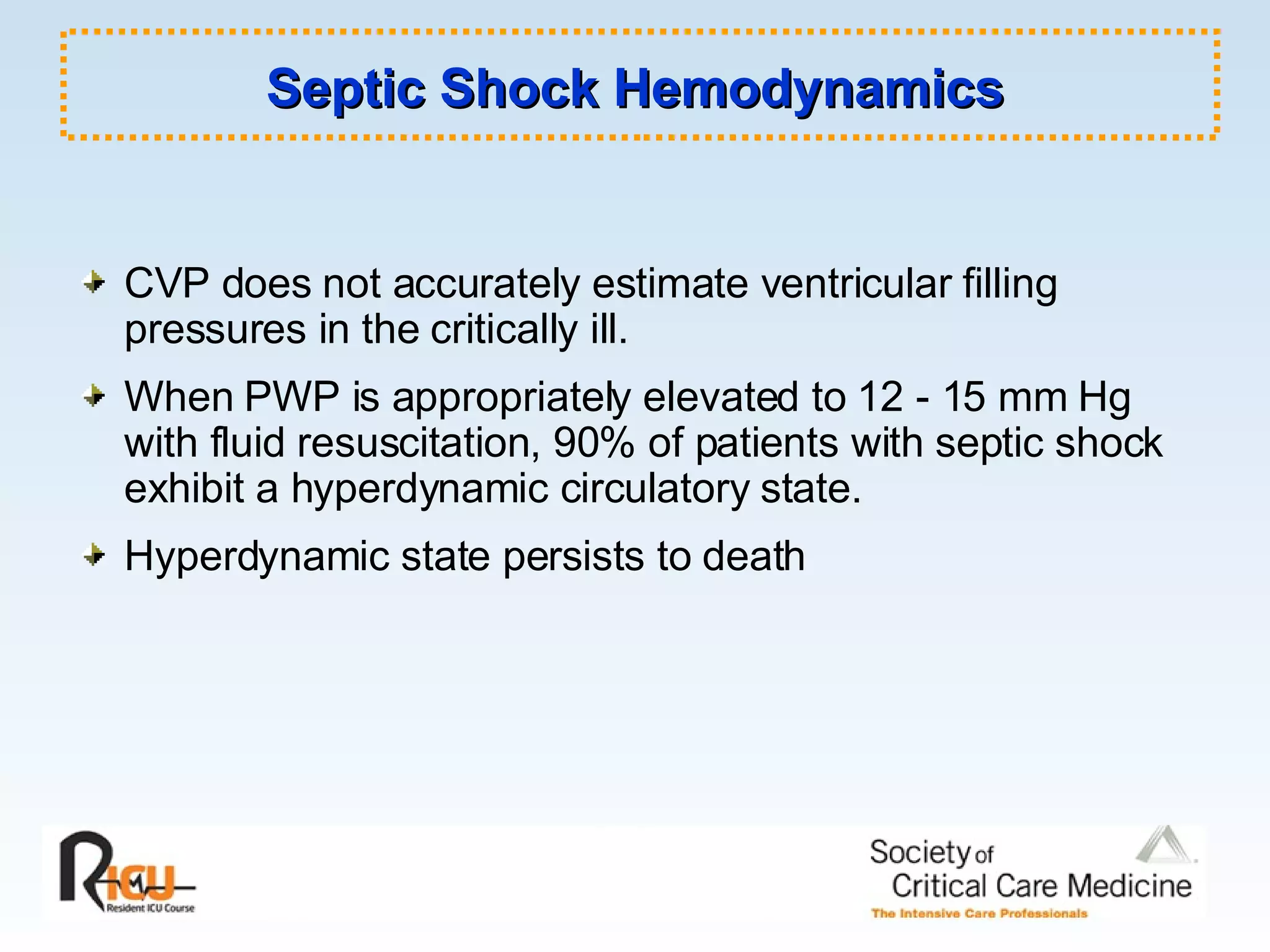Septic Shock Hemodynamics CVP does not accurately estimate ventricular filling pressures in the critically ill. When PWP is appropriately elevated to 12 - 15 mm Hg with fluid resuscitation, 90% of patients with septic shock exhibit a hyperdynamic circulatory state. Hyperdynamic state persists to death 