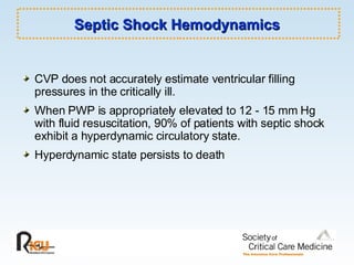Septic Shock Hemodynamics CVP does not accurately estimate ventricular filling pressures in the critically ill. When PWP is appropriately elevated to 12 - 15 mm Hg with fluid resuscitation, 90% of patients with septic shock exhibit a hyperdynamic circulatory state. Hyperdynamic state persists to death 
