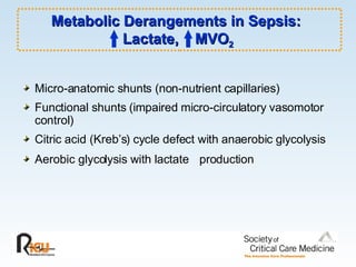 Metabolic Derangements in Sepsis:  Lactate,  MVO 2 Micro-anatomic shunts (non-nutrient capillaries) Functional shunts (impaired micro-circulatory vasomotor control) Citric acid (Kreb’s) cycle defect with anaerobic glycolysis Aerobic glycolysis with lactate  production 