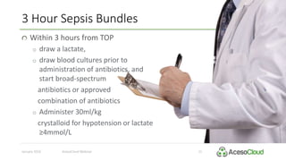 3 Hour Sepsis Bundles
January 2016 AcesoCloud Webinar 11
Within 3 hours from TOP
o draw a lactate,
o draw blood cultures prior to
administration of antibiotics, and
start broad-spectrum
antibiotics or approved
combination of antibiotics
o Administer 30ml/kg
crystalloid for hypotension or lactate
≥4mmol/L
 
