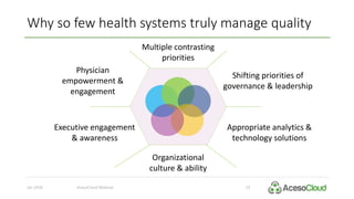 Jan 2016 AcesoCloud Webinar 19
Why so few health systems truly manage quality
Physician
empowerment &
engagement
Appropriate analytics &
technology solutions
Shifting priorities of
governance & leadership
Organizational
culture & ability
Executive engagement
& awareness
Multiple contrasting
priorities
 