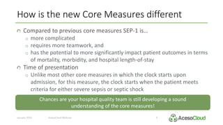 How is the new Core Measures different
January 2016 AcesoCloud Webinar 9
Compared to previous core measures SEP-1 is…
o more complicated
o requires more teamwork, and
o has the potential to more significantly impact patient outcomes in terms
of mortality, morbidity, and hospital length-of-stay
Time of presentation
o Unlike most other core measures in which the clock starts upon
admission, for this measure, the clock starts when the patient meets
criteria for either severe sepsis or septic shock
Chances are your hospital quality team is still developing a sound
understanding of the core measures!
 