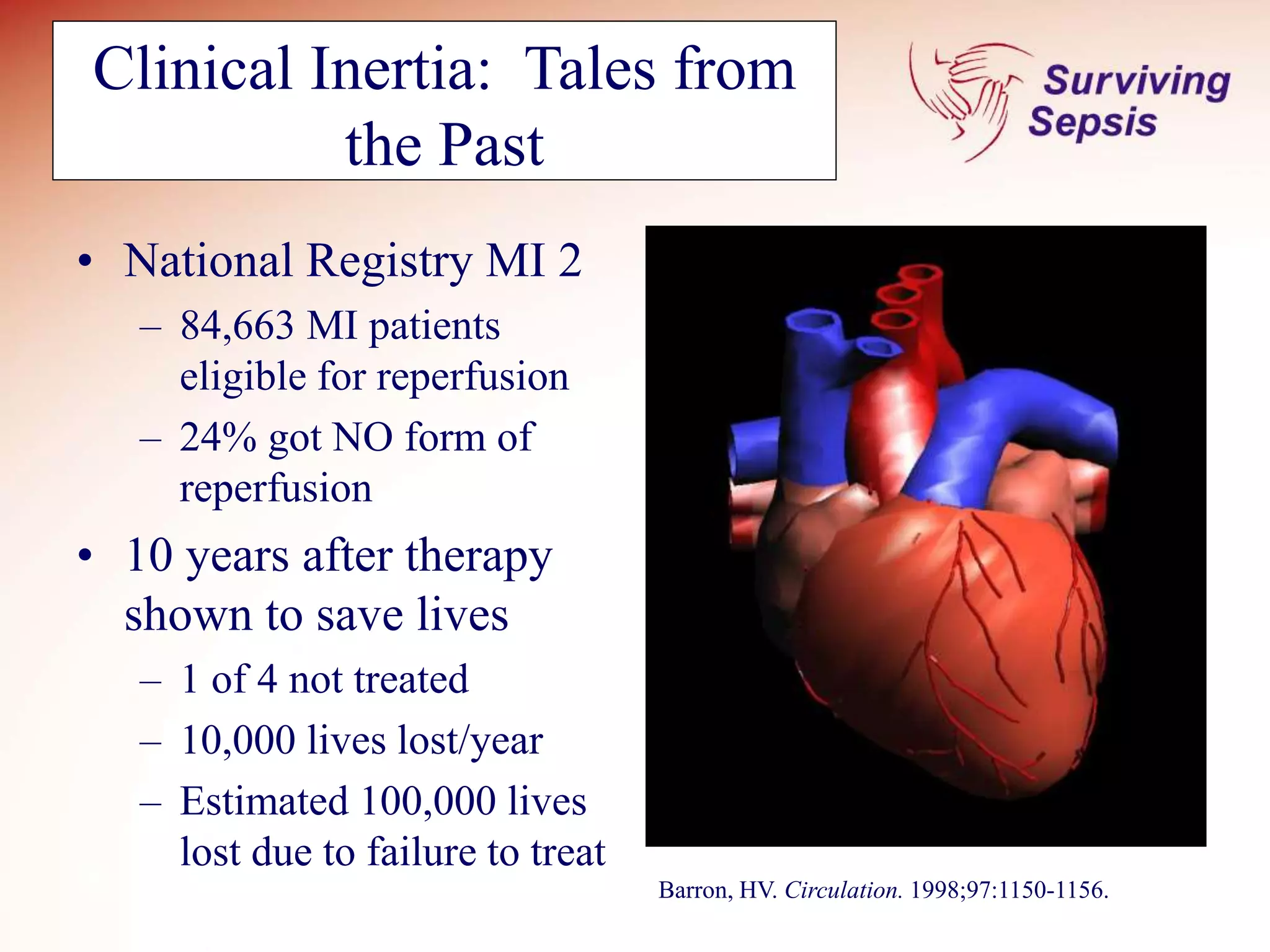 Clinical Inertia: Tales from
the Past
• National Registry MI 2
– 84,663 MI patients
eligible for reperfusion
– 24% got NO form of
reperfusion
• 10 years after therapy
shown to save lives
– 1 of 4 not treated
– 10,000 lives lost/year
– Estimated 100,000 lives
lost due to failure to treat
Barron, HV. Circulation. 1998;97:1150-1156.
 