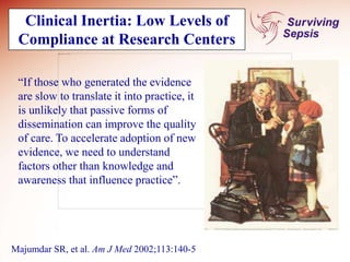 “If those who generated the evidence
are slow to translate it into practice, it
is unlikely that passive forms of
dissemination can improve the quality
of care. To accelerate adoption of new
evidence, we need to understand
factors other than knowledge and
awareness that influence practice”.
Clinical Inertia: Low Levels of
Compliance at Research Centers
Majumdar SR, et al. Am J Med 2002;113:140-5
 