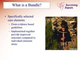What is a Bundle?
• Specifically selected
care elements
– From evidence based
guidelines
– Implemented together
provide improved
outcomes compared to
individual elements
alone
 