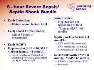 6 - hour Severe Sepsis/
Septic Shock Bundle
• Early Detection:
– Obtain serum lactate level.
• Early Blood Cx/Antibiotics:
– within 3 hours of
presentation.
• Early EGDT:
• Hypotension (SBP < 90, MAP
< 65) or lactate > 4 mmol/L:
– initial fluid bolus 20-40 ml of
crystalloid (or colloid equivalent)
per kg of body weight.
• Vasopressors:
– Hypotension not
responding to fluid
– Titrate to MAP > 65
mmHg.
• Septic shock or lactate > 4
mmol/L:
– CVP and ScvO2 measured.
– CVP maintained >8 mmHg.
– MAP maintain > 65 mmHg.
• ScvO2<70%with CVP > 8
mmHg, MAP > 65 mmHg:
– PRBCs if hematocrit < 30%.
– Inotropes.
 