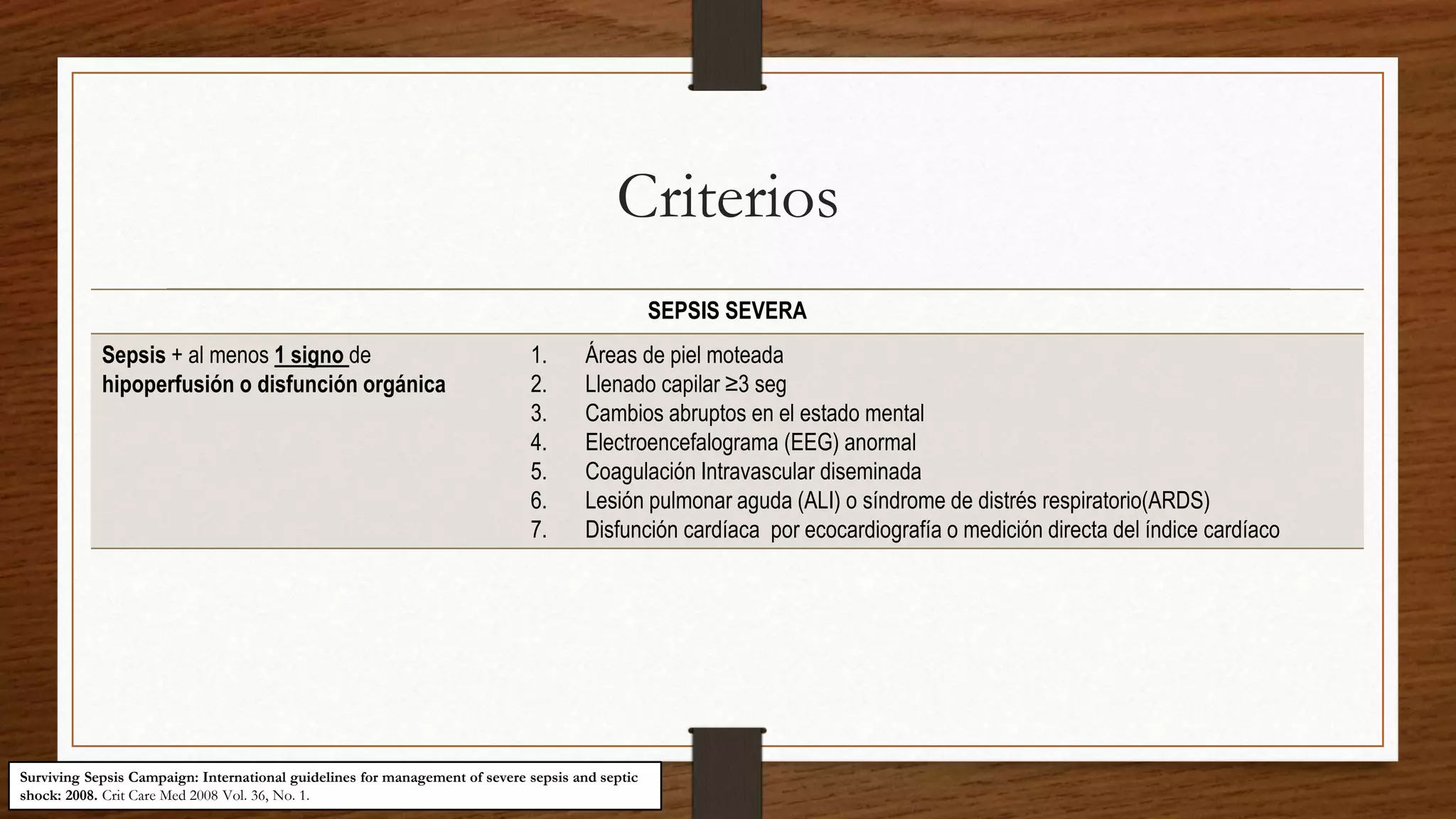 Criterios
SEPSIS SEVERA
Sepsis + al menos 1 signo de
hipoperfusión o disfunción orgánica
1. Áreas de piel moteada
2. Llenado capilar ≥3 seg
3. Cambios abruptos en el estado mental
4. Electroencefalograma (EEG) anormal
5. Coagulación Intravascular diseminada
6. Lesión pulmonar aguda (ALI) o síndrome de distrés respiratorio(ARDS)
7. Disfunción cardíaca por ecocardiografía o medición directa del índice cardíaco
Surviving Sepsis Campaign: International guidelines for management of severe sepsis and septic
shock: 2008. Crit Care Med 2008 Vol. 36, No. 1.
 