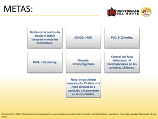 METAS:
Restaurar la perfusión
tisular e iniciar
tempranamente los
antibióticos.
SCVO2: >70% PVC: 8-12mmhg.
PAM: > 65 mmhg.
Diuresis:
>0.5ml/kg/hora.
Control del foco
infeccioso. 
investigaciones en las
primeras 12 horas.
Nota: en pacientes
mayores de 75 años una
PAM elevada se a
asociado a incremento
en la mortalidad.
Schmidt MD, G. (2017). Evaluation and management of suspected sepsis and septic shock in adults. [online] UpToDate. Available at: https://goo.gl/w4grCf [Accessed 10 Aug.
2017].
 