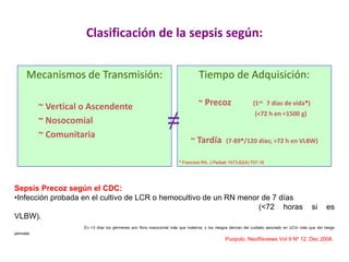 Clasificación de la sepsis según:
Mecanismos de Transmisión:
~ Vertical o Ascendente
~ Nosocomial
~ Comunitaria
Tiempo de Adquisición:
~ Precoz (1os 7 días de vida*)
(<72 h en <1500 g)
~ Tardía (7-89*/120 días; >72 h en VLBW)
Sepsis Precoz según el CDC:
•Infección probada en el cultivo de LCR o hemocultivo de un RN menor de 7 días
(<72 horas si es
VLBW).
En >3 días los gérmenes son flora nosocomial más que materna; y los riesgos derivan del cuidado asociado en UCIn más que del riesgo
perinatal.
Puopolo. NeoReviews Vol 9 Nº 12. Dec 2008.
* Franciosi RA. J Pediatr 1973;82(4):707-18
≠
 