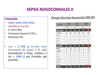 SEPSIS NOSOCOMIALES II
ETIOLOGÍA:
• Staph. Epidermidis (42%),
• Cándida sp. (11,5%),
• E. Coli (7,8%),
• Enterococo faecalis (7,7%) y
• Klebsiella (7%).
• Los > 1.500 g tenían más
frecuencia de sepsis a E. coli,
Enterobacter y Strep. viridans; y
los < 1500 g por Candida spp
(p<0.01)
 