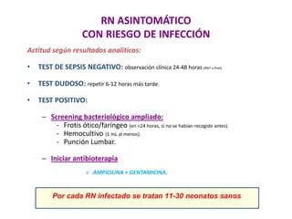 RN ASINTOMÁTICO
CON RIESGO DE INFECCIÓN
Actitud según resultados analíticos:
• TEST DE SEPSIS NEGATIVO: observación clínica 24-48 horas (RNT o Pret).
• TEST DUDOSO: repetir 6-12 horas más tarde.
• TEST POSITIVO:
– Screening bacteriológico ampliado:
- Frotis ótico/faríngeo (en <24 horas, si no se habían recogido antes).
- Hemocultivo (1 mL al menos).
- Punción Lumbar.
– Iniciar antibioterapia
» AMPICILINA + GENTAMICINA.
Por cada RN infectado se tratan 11-30 neonatos sanos
 