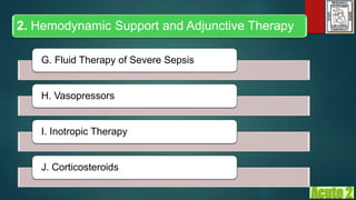 G. Fluid Therapy of Severe Sepsis
H. Vasopressors
I. Inotropic Therapy
J. Corticosteroids
2. Hemodynamic Support and Adjunctive Therapy
 