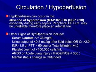 Circulation / Hypoperfusion Hyp O perfusion can occur in the  absence of hypotension   (MAP<65) OR (SBP < 90)  especially during early sepsis. Peripheral BP Cuff  may be unreliable therefore place an arterial line Other Signs of Hyp O perfusion include: Serum  Lactate  >/= 36 mg/dl  Urine output of <0.5 mL/kg after fluid bolus OR Cr >2.0 INR>1.5 or PTT > 60 sec or Total bilirubin >4.0 Platelet count of <100,000 cells/mL  ARDS or Acute Lung Injury ( PaO2/FiO2 < 300 ) Mental status change ie Obtunded 