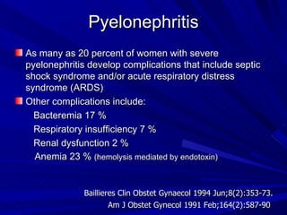 Pyelonephritis As many as 20 percent of women with severe pyelonephritis develop complications that include septic shock syndrome and/or acute respiratory distress syndrome (ARDS)  Other complications include: Bacteremia 17 % Respiratory insufficiency 7 % Renal dysfunction 2 %  Anemia 23 %  (hemolysis mediated by endotoxin) Am J Obstet Gynecol 1991 Feb;164(2):587-90 Baillieres Clin Obstet Gynaecol 1994 Jun;8(2):353-73. 